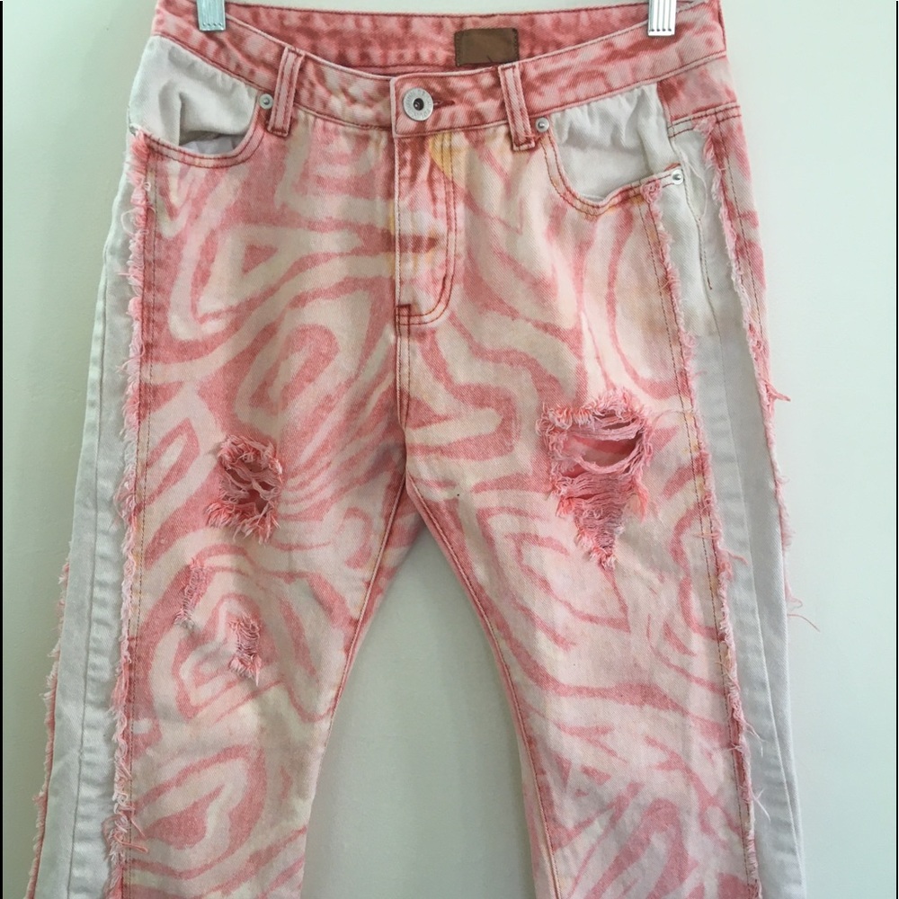 Diy bleach patterned mid rise flare jeans